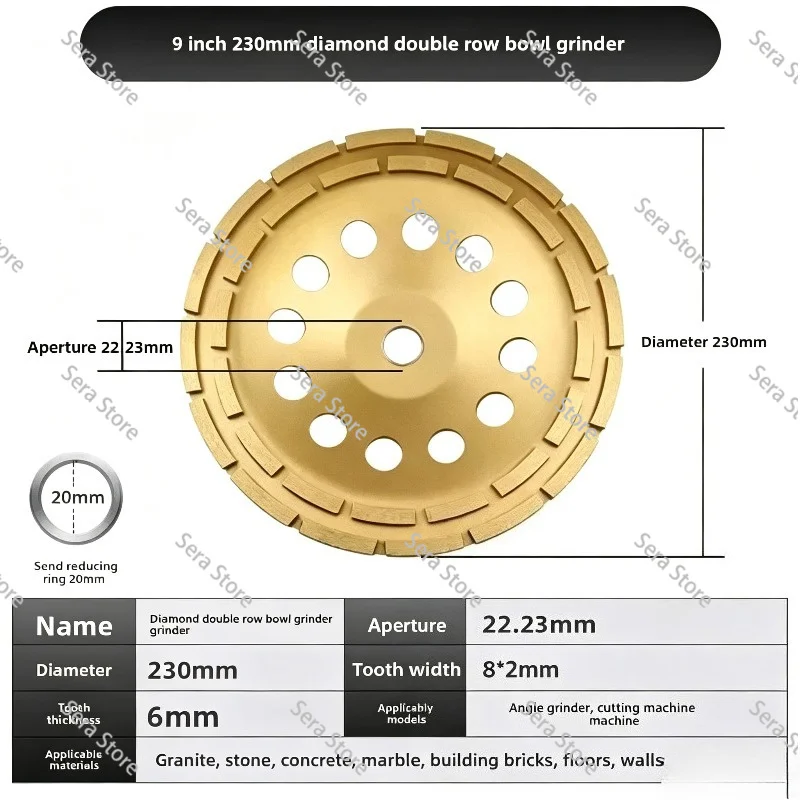 230MM Concrete Diamond Double Row Grinding Wheel Marble Granite Angle Grinder Tool 9 Inch Sanding Disc Aperture 22.23MM