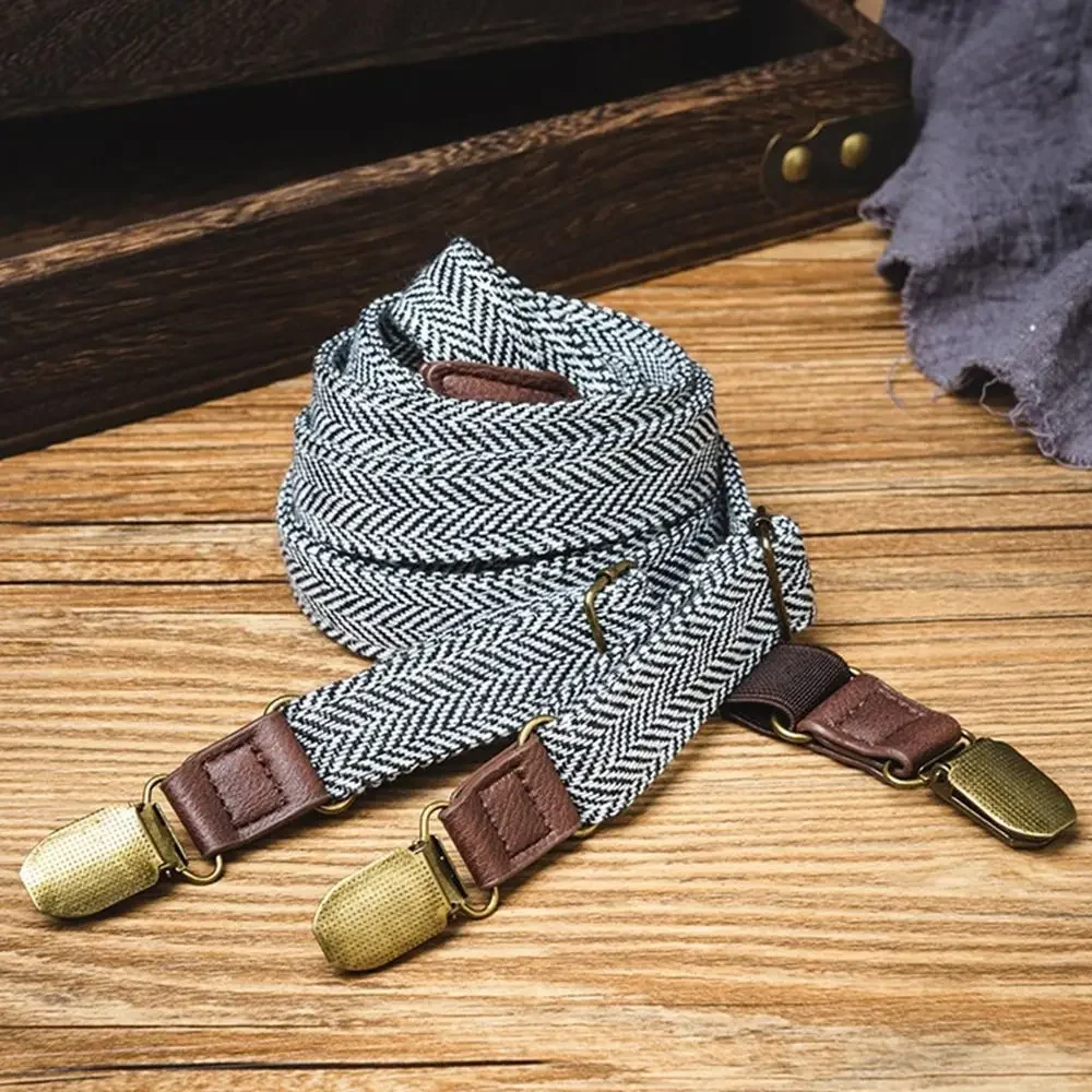 

Retro Design British Style Suspenders 4 Clips Brown Color Metal Clip Suspenders Elastic Strap Unisex Style Stripe Suspenders