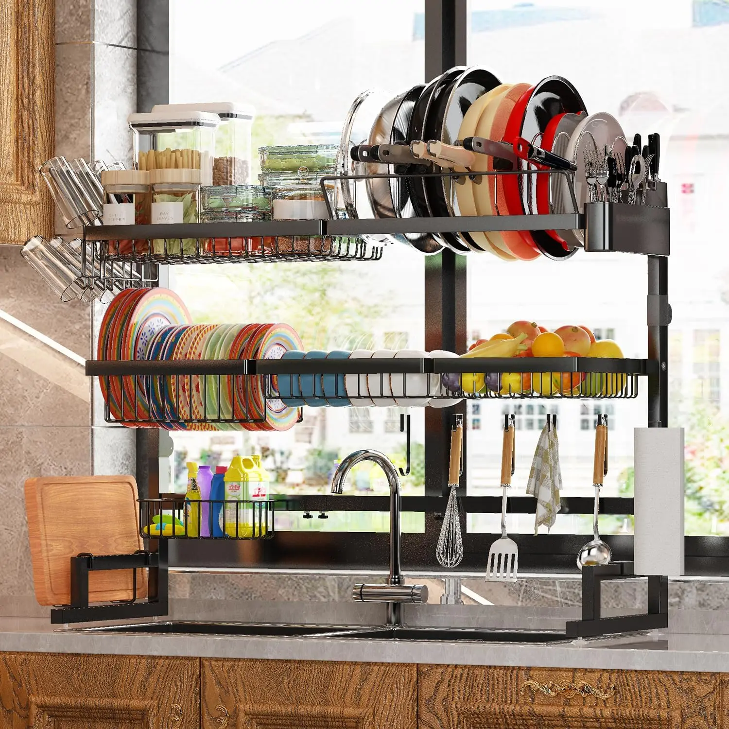 

Over Sink Dish Drying Rack (Expandable Height/Length) Snap-On Design Large Dish Drainer Storage Counter Organizer 31-39.5L x 12W