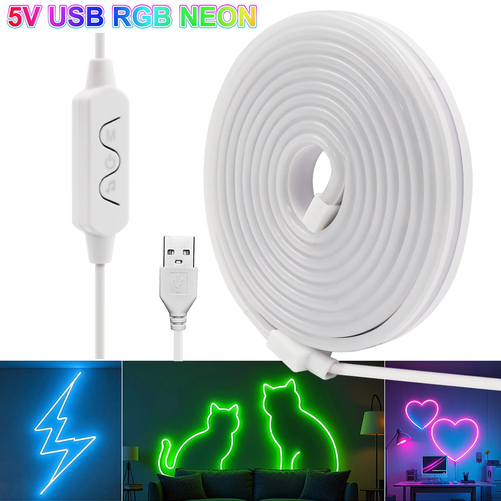 

RGB Неоновая светодиодная лента Sync 5V USB Светодиодная подсветка 1M 2M 3M 4M 5M Водонепроницаемая гибкая лента для DIY Sign Неоновое декоративное освещение