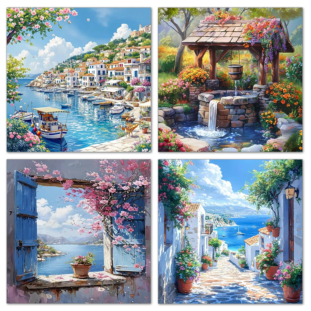 Pintura DIY de Mosaico de Diamantes Quadrados e Redondos com Paisagem de Casa e Cidade, Bordado de Cidade à Beira-Mar, Novo Lançamento, Presente Único