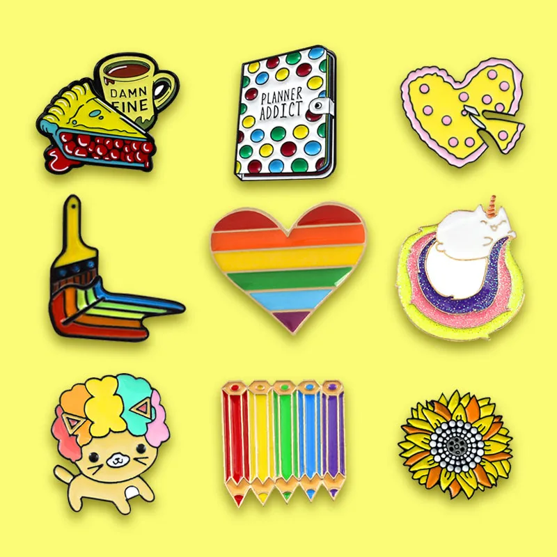 

Rainbow series Heart Brush Pencil Brooch Colourful DAMN FINE Pie Coffee Pizza book flower Enamel pins Badges for Women Jewelry