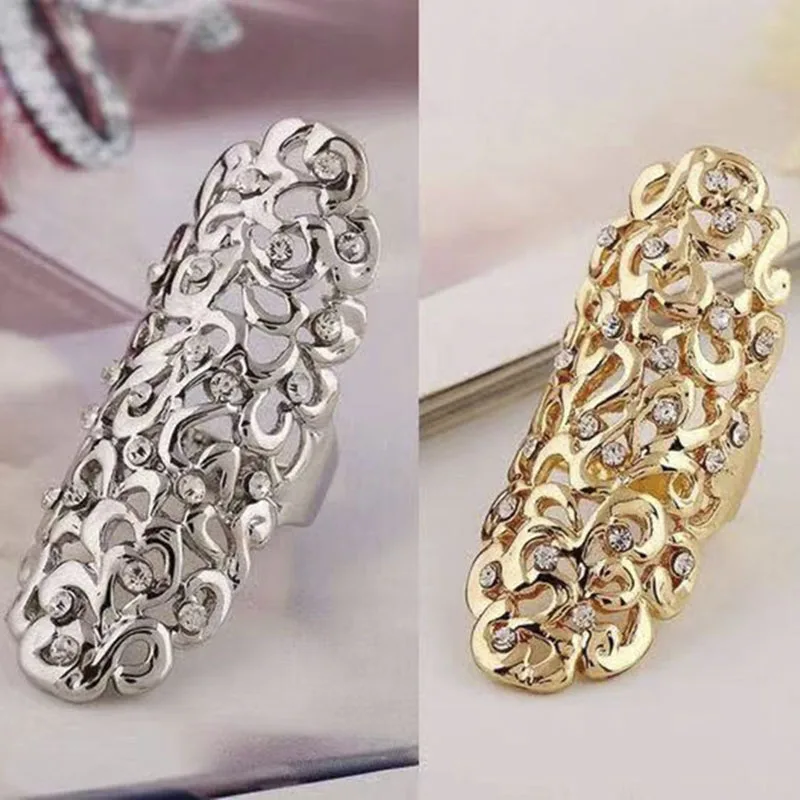 Milangirl Popular Retro Exaggerate Hollow Out Crystal Gold Color Big Knuckle Rings for Women Jewelry Gifts Long Wedding Rings