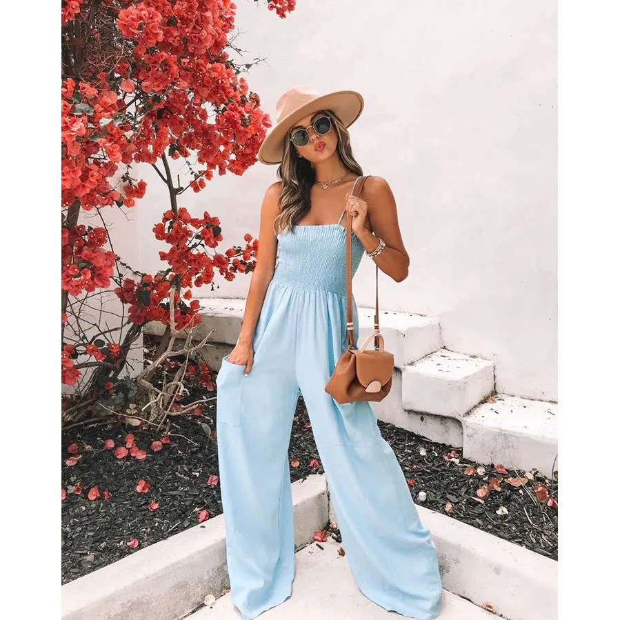 Women Spring Summer Jumpsuit Solid Color Sleeveless Wide Leg Pants High Waist Casual Fashion Sexy Comfortable Regular Standard