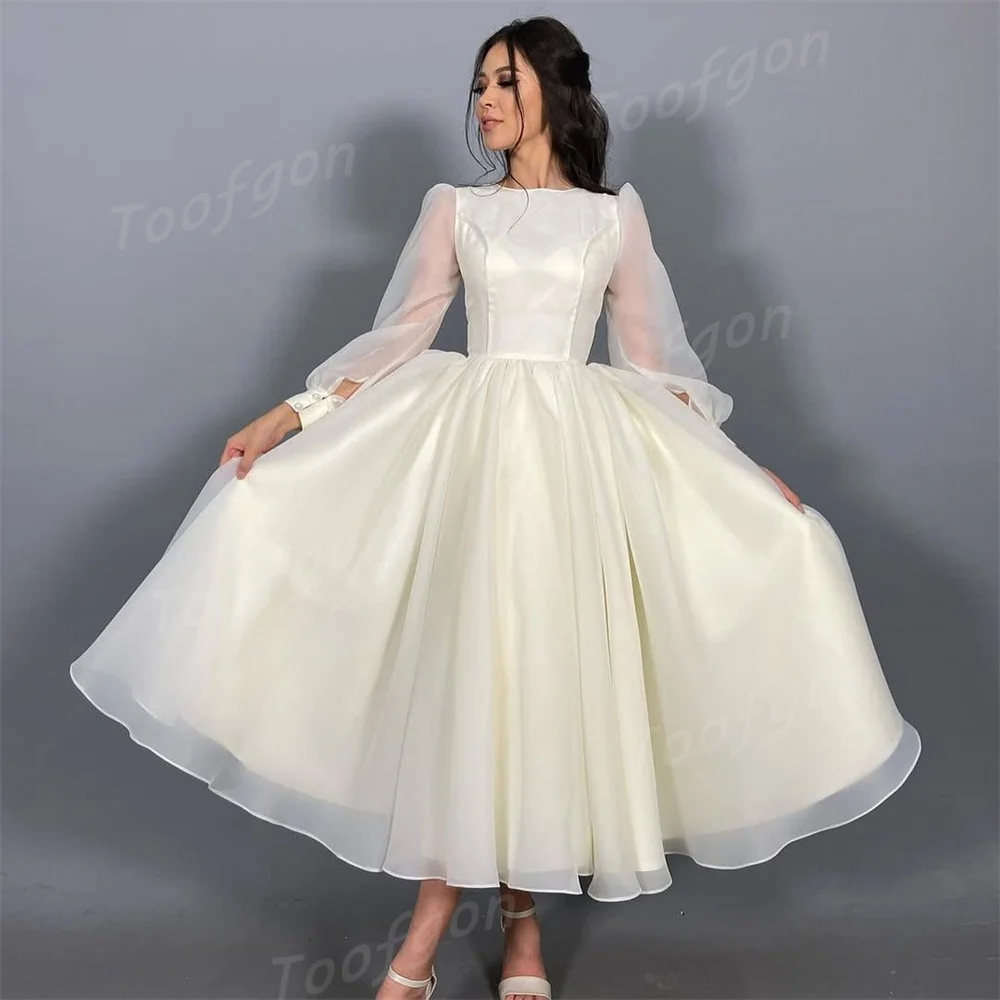 Toofgon Customized Modest Long Sleeve A Line Wedding Dresses Puff Sleeve Bride Gown Tea Length Draped Organza Bridal Party Dress