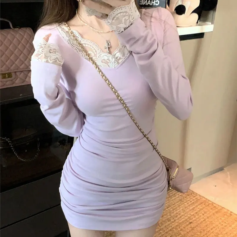 

Women's Clothing Lace Spliced Mini Dress Aura V-Neck Spring Autumn Long Sleeve Stylish Folds Hotsweet Waist Slim Bag Hip Dresses