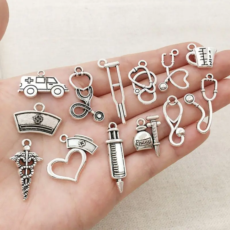 72Pcs Mixed Antique Silver Doctor Nurse Stethoscope Ambulance Pendant For DIY Necklace Bracelet Jewelry Making Crafts