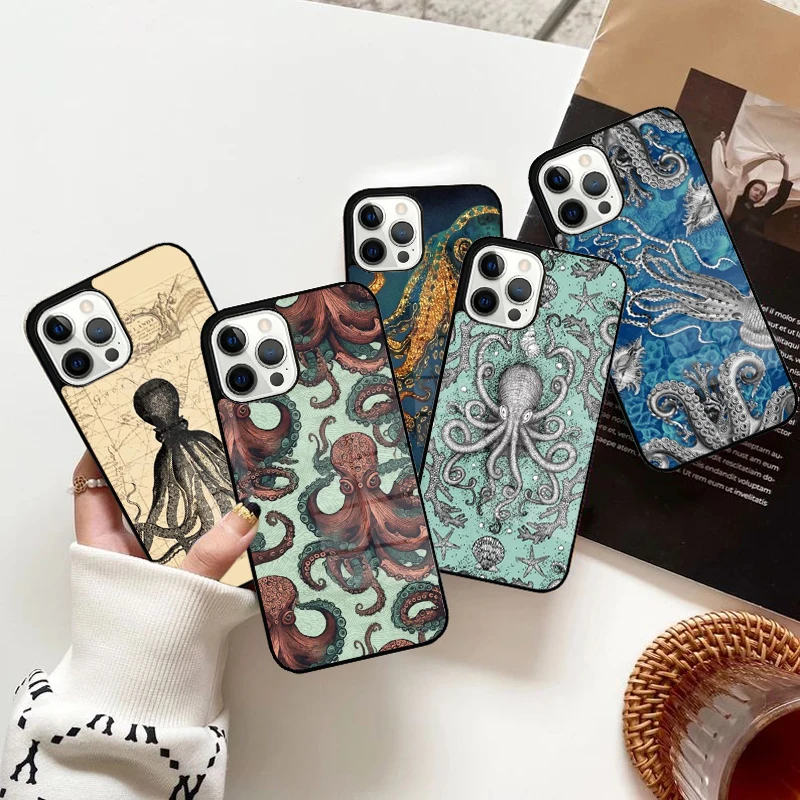 Vintage Octopus Kraken Engraving Phone Case Magnetic for iPhone 15 16 14 13 Pro Max 11 12 Mini Magsafe Wireless Charging Cover