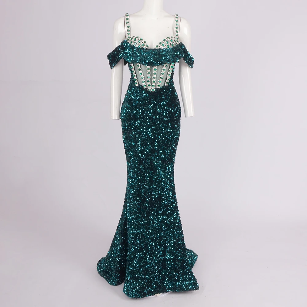Glamorous Emerald Green Sequin Mermaid Gown Spaghetti-strap Gemstone Cocktail Party Formal Evening Long Dress