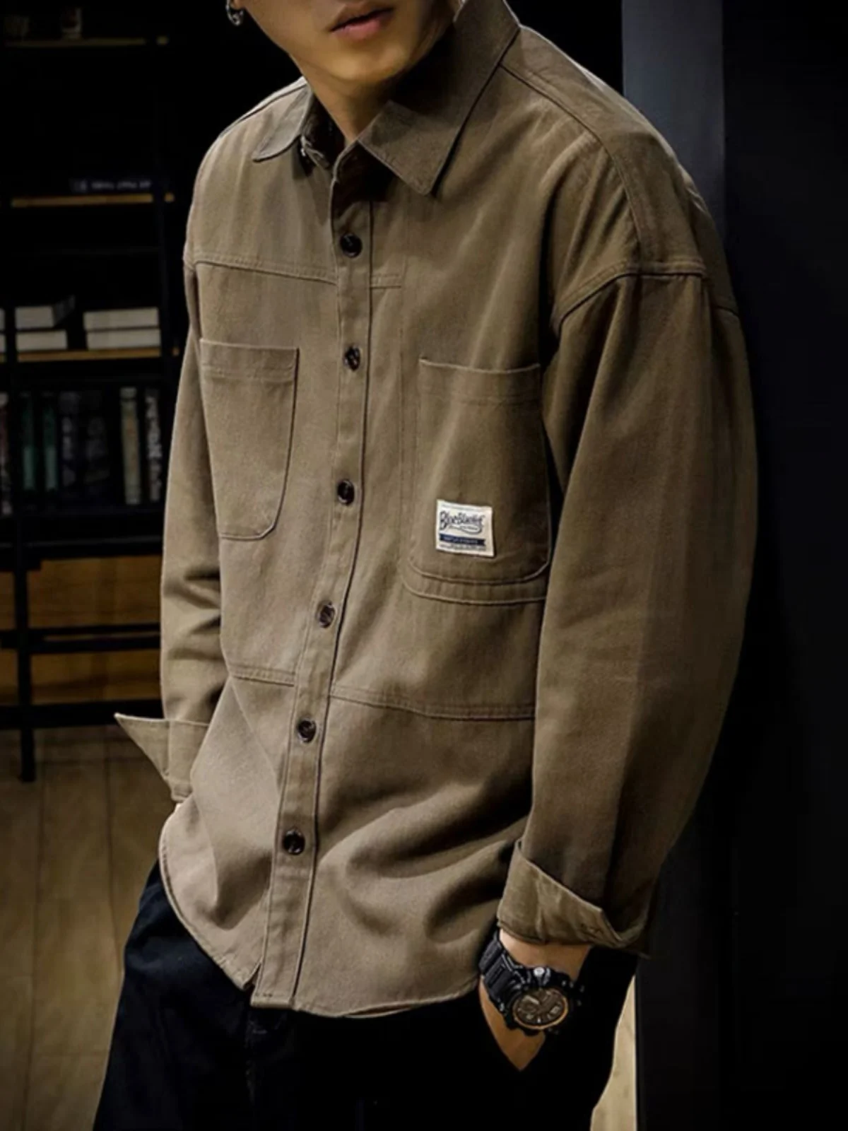 

Loose Fit Long Sleeve Shirt Jacket for Men American Retro Workwear Spring Autumn Large Size 300 Pounds Button Detail Washed