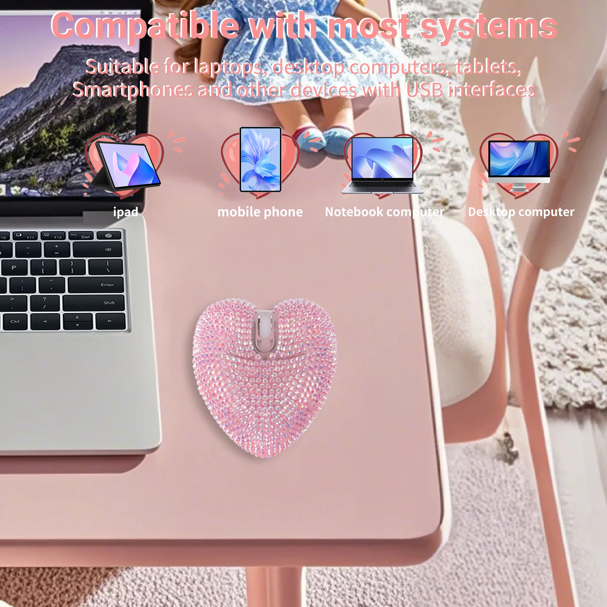 Drótnélküli Pink dual-mode Briliáns Kőr Egér type-c töltés Optikai ergonomic Bluetooth Egér számára Notebook Számítógép ajándékok Elárusítónő