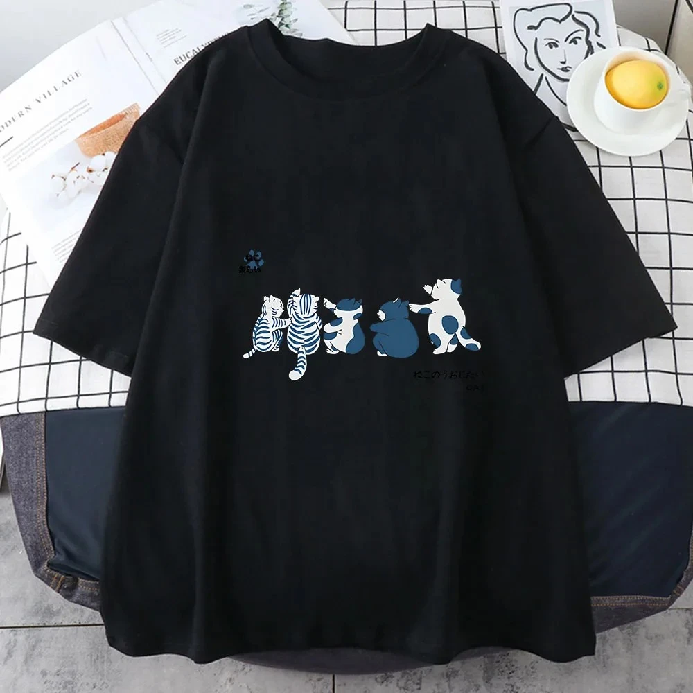 Japanese Kanji Cat T-shirt Cartoon Kawaii Print Top Funny Cute Fashion Harajuku 2026 Summer Loose Women Clothes Casual Tee Tops