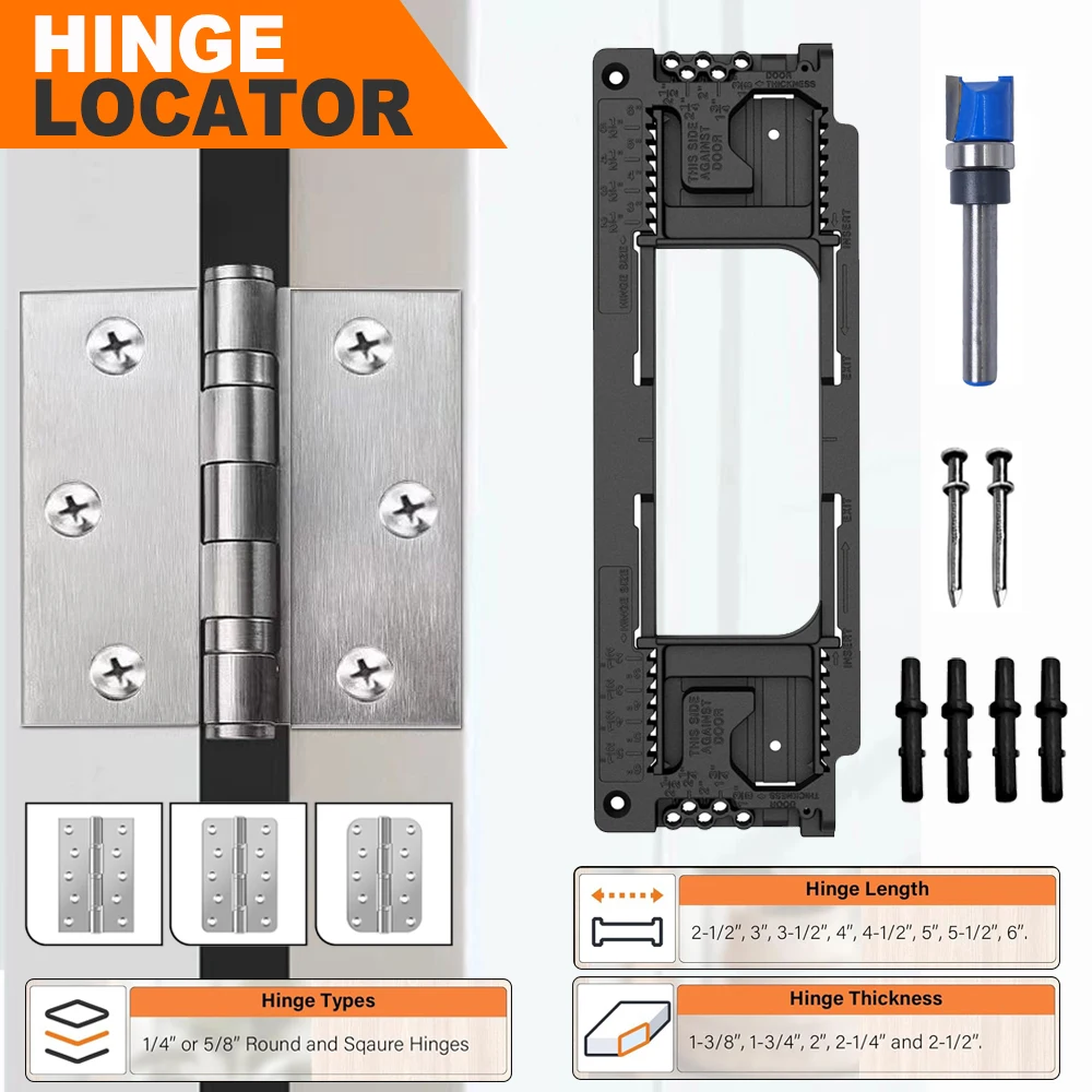 Adjustable Door Hinge Locator Template Jig with Router Bit for 1/4