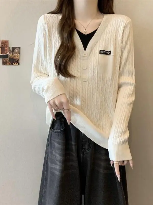 حجم كبير المرأة فضفاضة التخسيس V-Ne محبوك سترة الخريف الشتاء Faionable الشباب العلوي رعب سترة