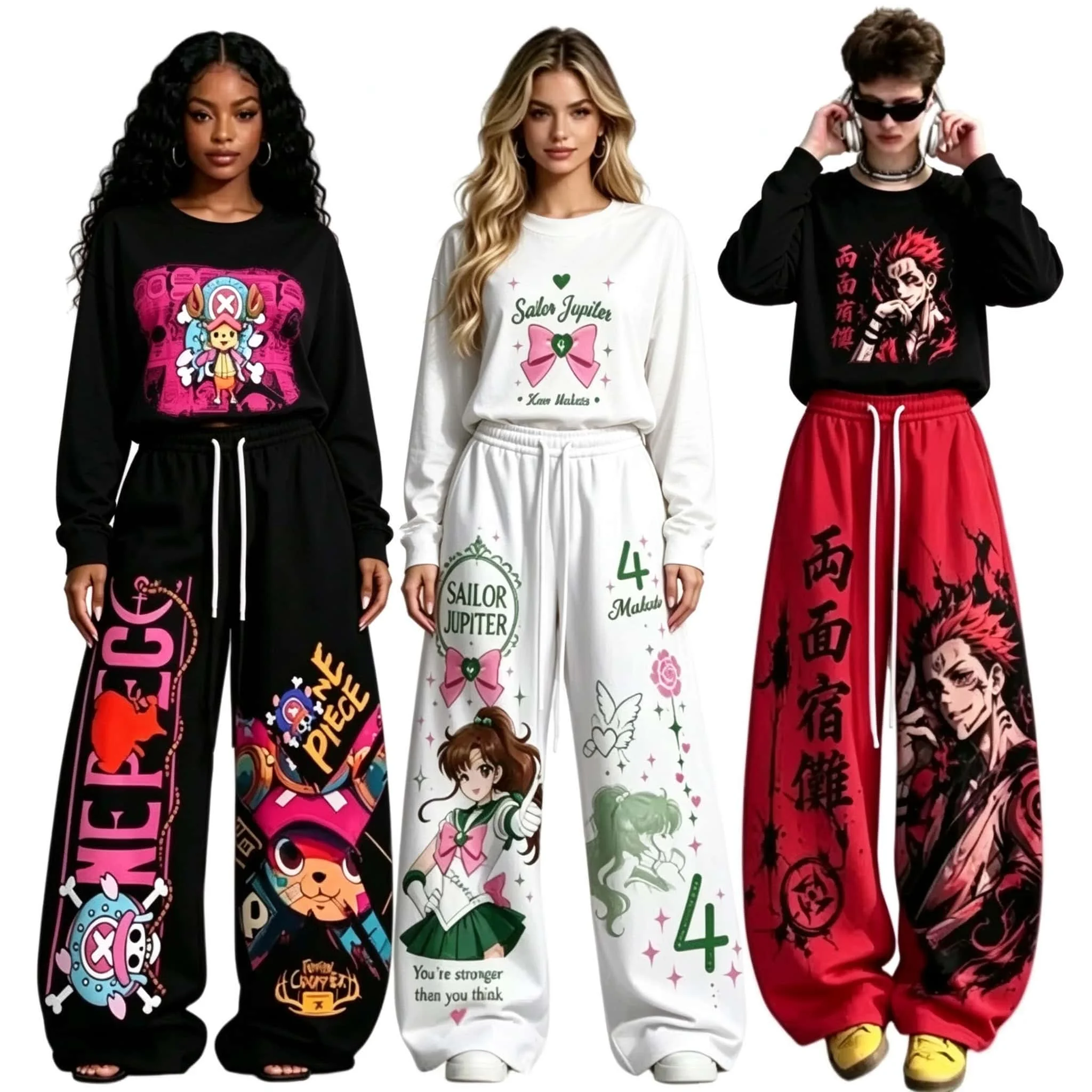Japanese anime sportswear Luffy Gear 5 Sailor Moon Chainsaw Man Denji long sleeved wide leg pants set daily street style outfit