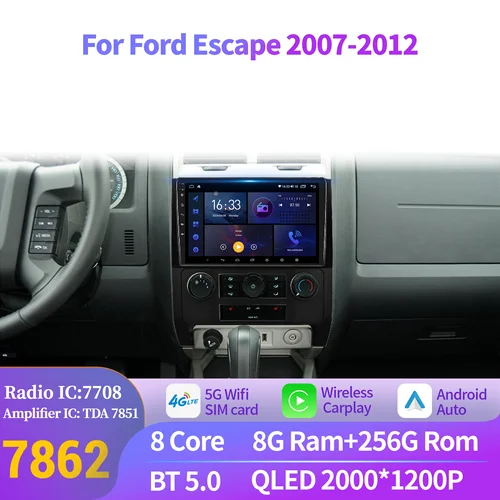 フォードエスケープ 2007-2012 アンドロイド 14 4 グラムカーラジオマルチメディアナビゲーション GPS Bluetooth ステレオ Wirelss BT Carplay 2K QLED スクリーン