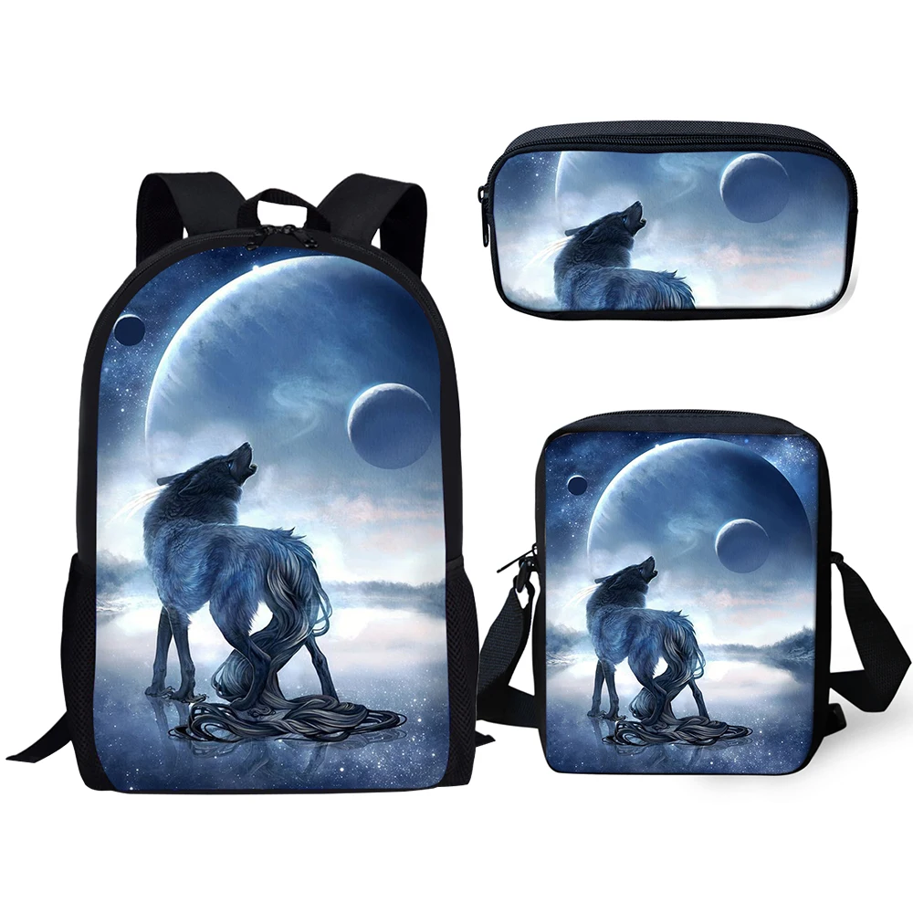 

Luxury Popular Novelty Moon Wolf 3D Print 3pcs/Set pupil School Bags Laptop Daypack Backpack Inclined shoulder bag Pencil Case