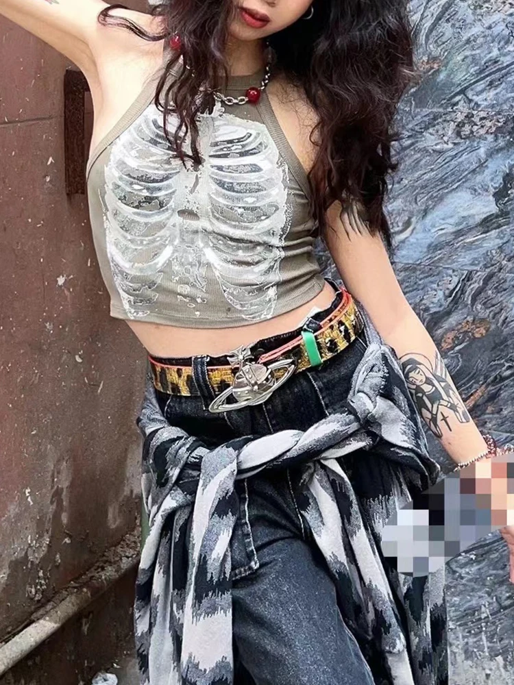 Sexy Y2K Streetwear Vintage Gothic X-ray Skeleton Print  One Shoulder Sleeve Crop Top Women Summer 90s Tank Top Harajuku Graphic