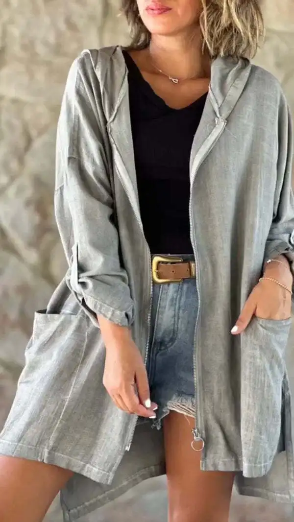 Casual Hooded Jacket Fashion Solid Color Asymmetric Split Jacket Loose Long Sleeved Zipper Top Spring Commuter Women Clothing