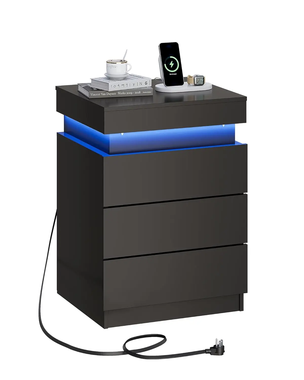 

Black Nightstand with Charging Station & LED Lights, Modern Night Stand with 3 Drawers and Sliding Top, Bedside, Customized