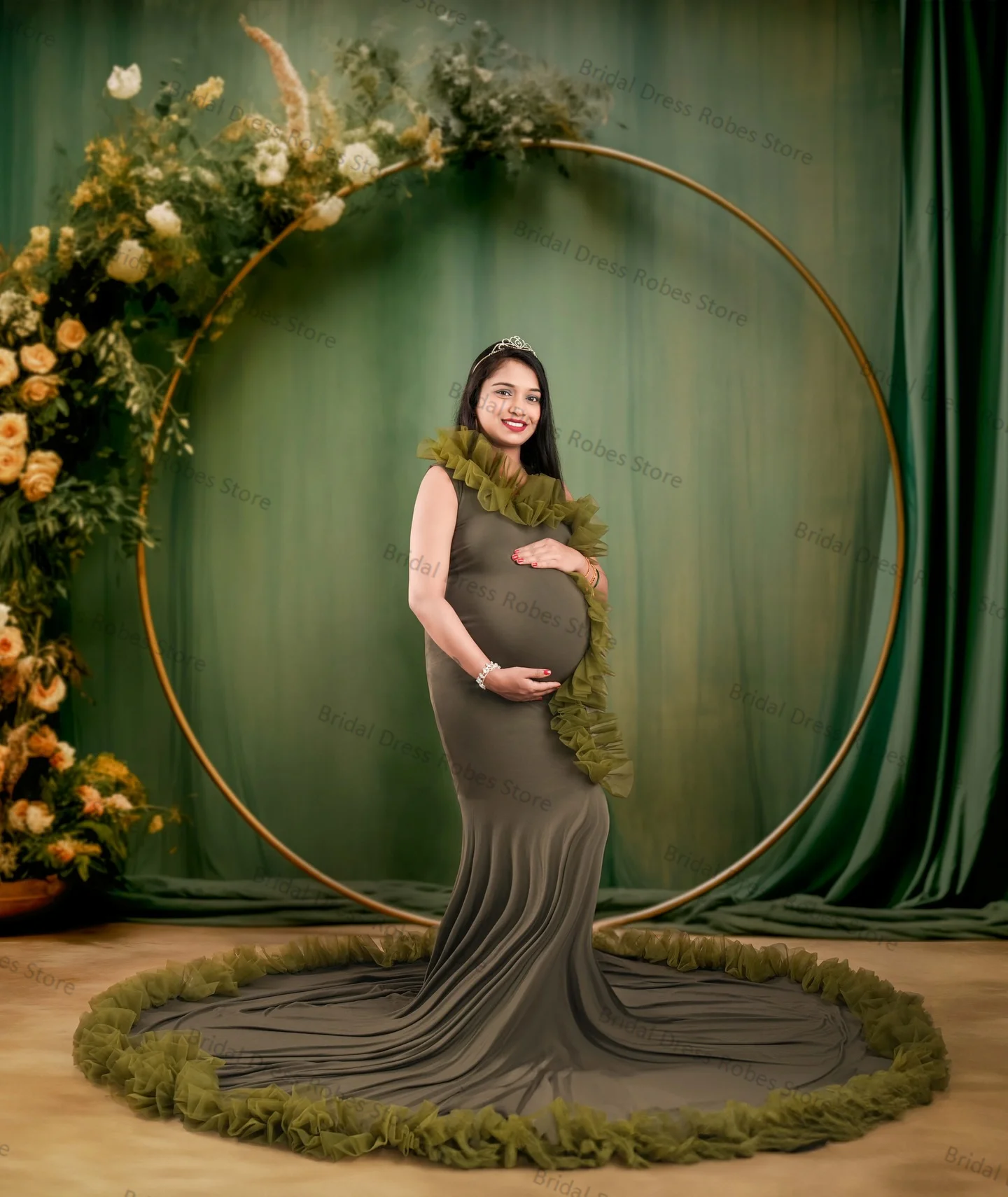 

Green Women Maternity Dresses for Photo Shoot One Shoulder Sleeveless Robe Tiered Tulle Mermaid Prom Pregnant Gown Custom Made