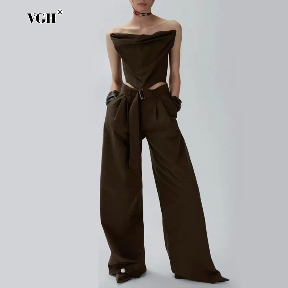 

VGH сексуальный однотонный комплект из двух предметов для женщин, жилет без бретелек без рукавов, высокая талия, сращенный пояс, свободный широкий брючный костюм, женская мода