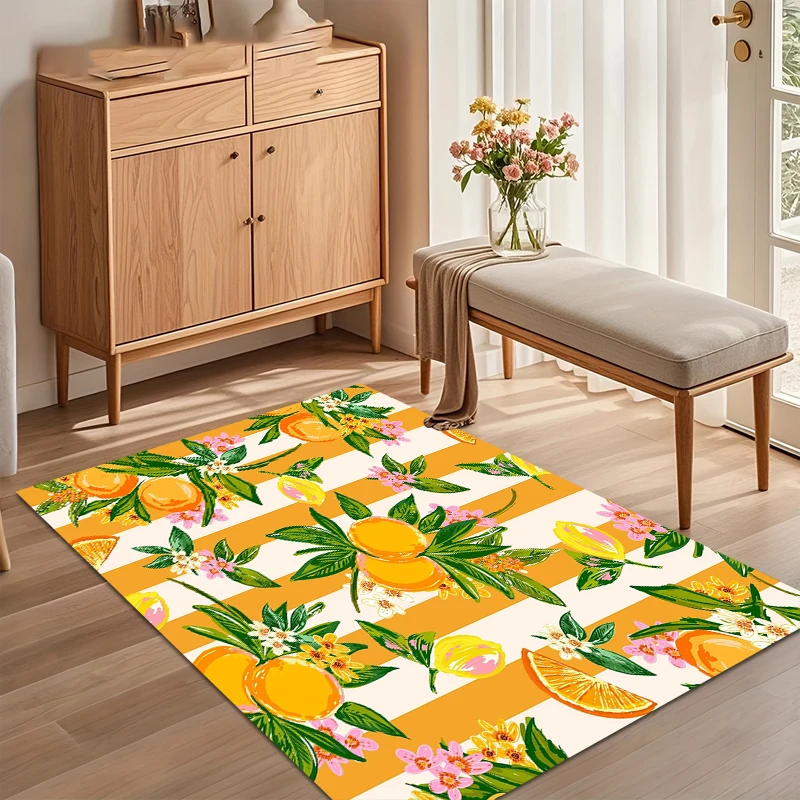 Orange Stripe Lemon Floral Print Area Rug Non Slip Floor Mat Stylish Decorative Carpet for Nursery Bedroom Living Room Entryway