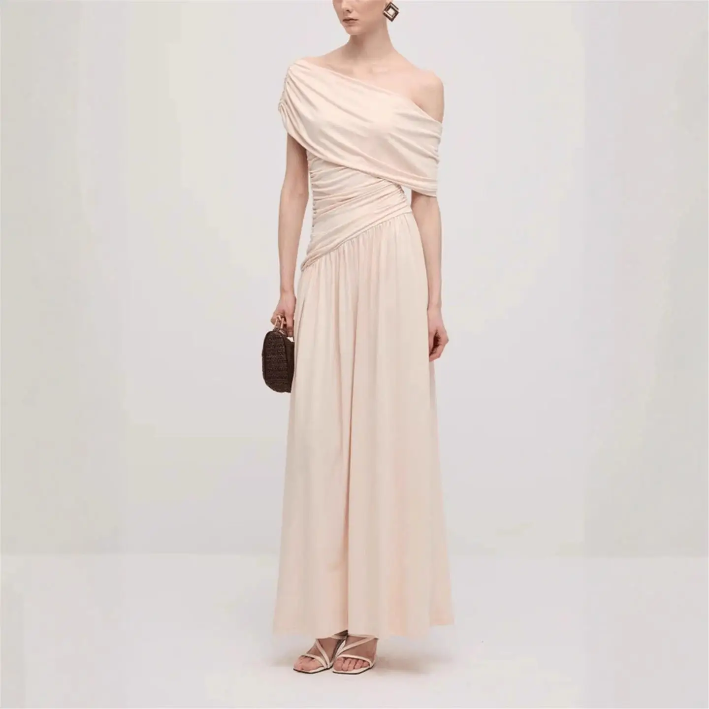 Jupe longue de soirée plissée, col incliné, Sexy, coupe cintrée, couleur Pure, taille haute, ligne a, t-shirt en Fiber d'acétate