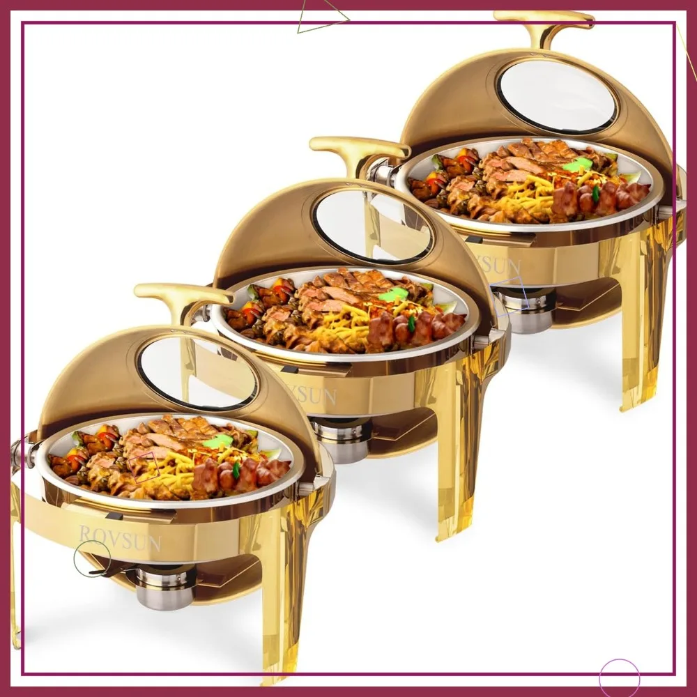 

Набор тарелок из нержавеющей стали с рулонной крышкой 6QT, золотой подогреватель для буфета для общественного питания, вечеринок, свадеб