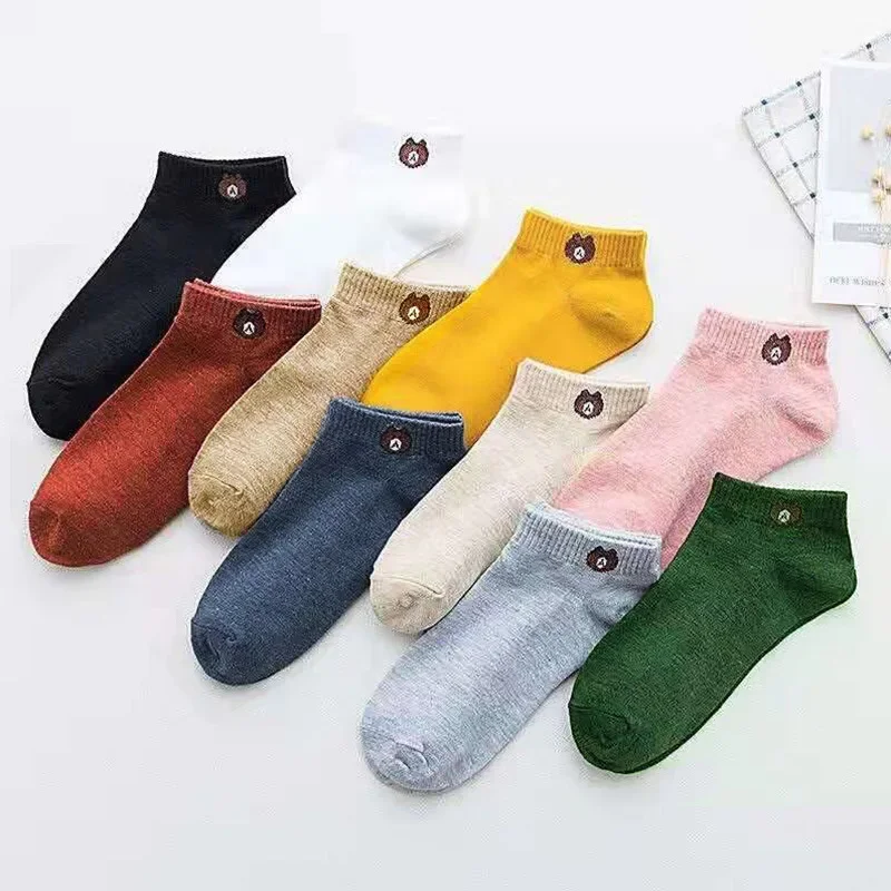 10 Pairs Women Low Tube Socks Set Cute Bear Pattern Fashion Breathable For Female Casual Style Comfortable Socks