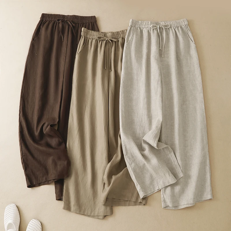 Linen Solid Color High Waist Drawstring Wide Leg Pants Women's Summer New Fashion Japanese Style Elegant Straight Casual Pants