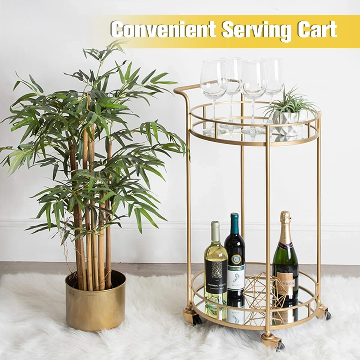 Gold Bar Cart 4-Wheel Rolling Metal Trolley With Mirrored Glass Top 2 Trays For Serving Drinks Tea Wine Coffee In Hotels