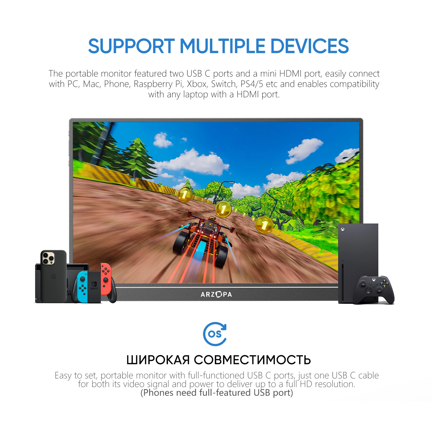 Arzopa HDMI USB IPS 휴대용 모니터, PC 노트북 맥 스위치 Xbox ps4,S1 테이블용 외부 모니터, 15.6 인치 FHD 1080P