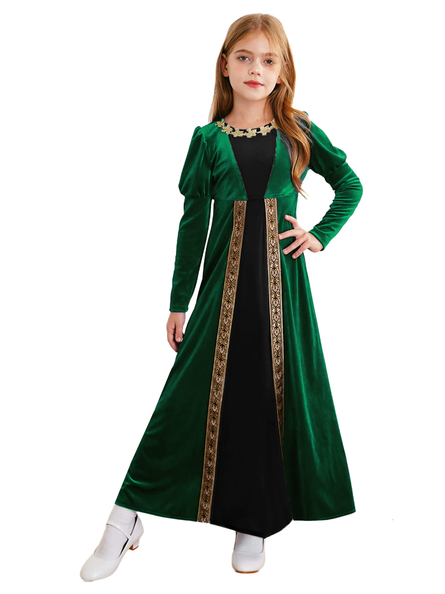 Kids Girls Medieval Renaissance Costume Long Sleeve Gold Flowers Patchwork Retro Court Velvet Dress Ancient Halloween Costume