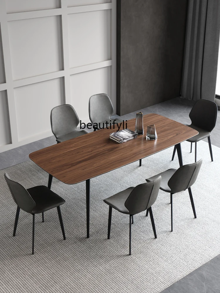 

Stone Plate Dining Tables and Chairs Set Italian Wood Grain Stone Plate Rectangular Household Small Apartment Black Walnut