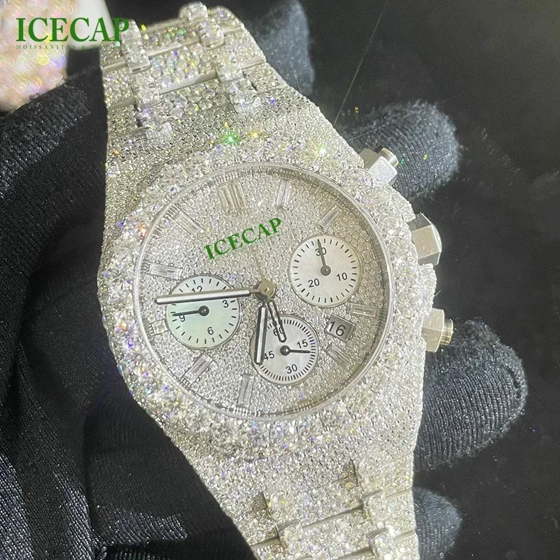 100% Pass The Diamond Tester Hip Hop Moissanite Diamond Iced Out Horloge Heren Sieraden Pols Datum Mechanisch Moissanite Horloge