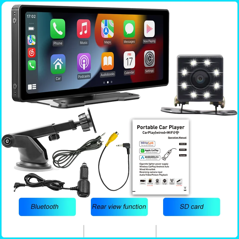 BQCC 10,26 inch draagbare draadloze Carplay-scherm HD achteruitrijcamera autoradio DVR MP5 multimedia videospeler Android Auto