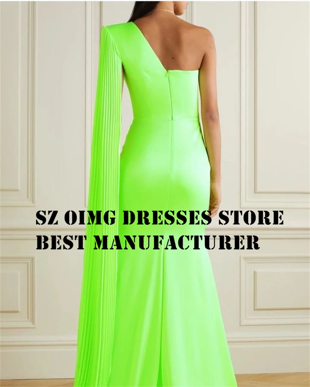 OIMG Elegant Satin Prom Dresses One-Shoulder Green Floor Length Pleated Cape Sleeves Women Evening Gowns Formal Party Dress