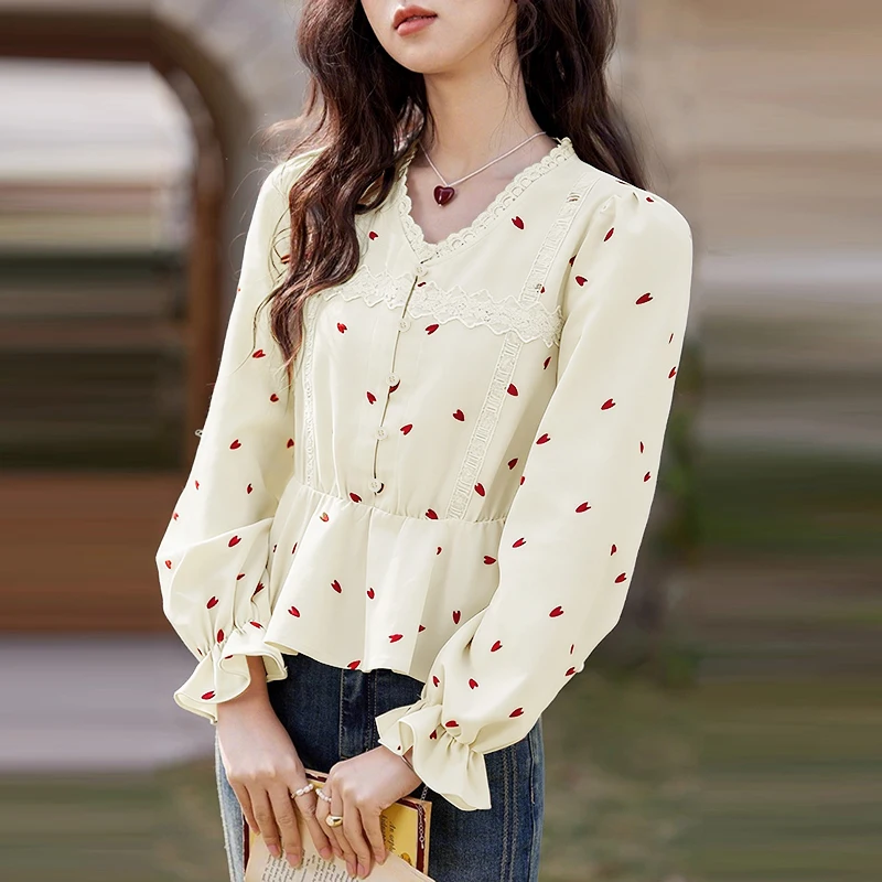 

VONDA Women Blouse Fashion V-Neck Printing Shirts Casual Long Puff Sleeve Tunic Tops Spring Ruffled Lace Blusas Female Clothing