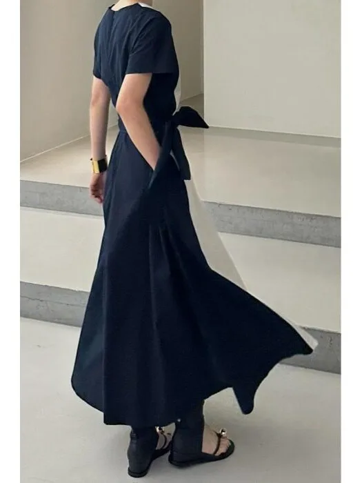 Chic V-Neck Long Dress Women's Spring Autumn Fashion Color Block Belted Korean Style Casual Wear for Various Occasions