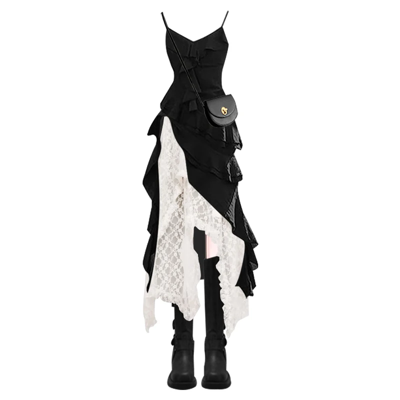 Été dentelle conception asymétrique femmes Dr Ensemble décontracté taille haute a-ligne jupe longue Sve u-ne t-shirt Ensemble