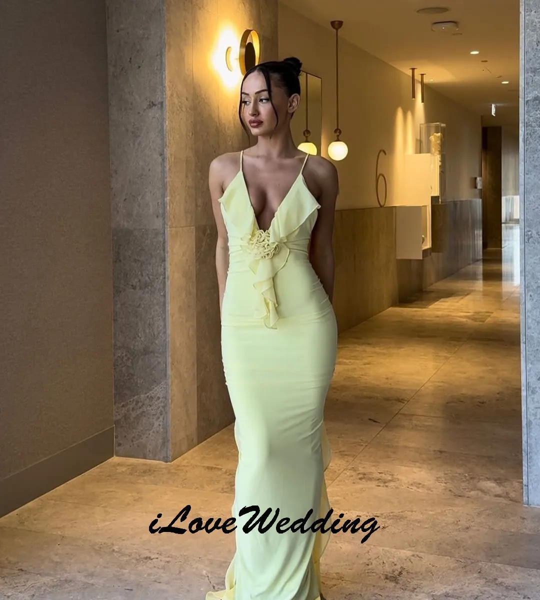 

V-Neck Sexy Yellow Chiffon Prom Dress 2025 Mermaid Women Party Dress Sleeveless Ruffles Spaghetti Strap Evening Dress Customized