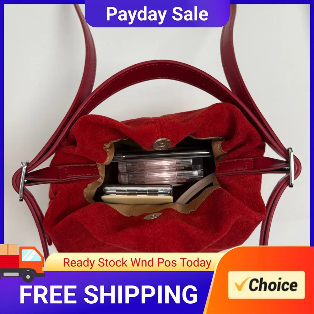 Women Faux Suede Drawstring Top Handle Bag W/ Adjustable Strap Shoulder Handbags Tote Handbag for Travel Winter Fall