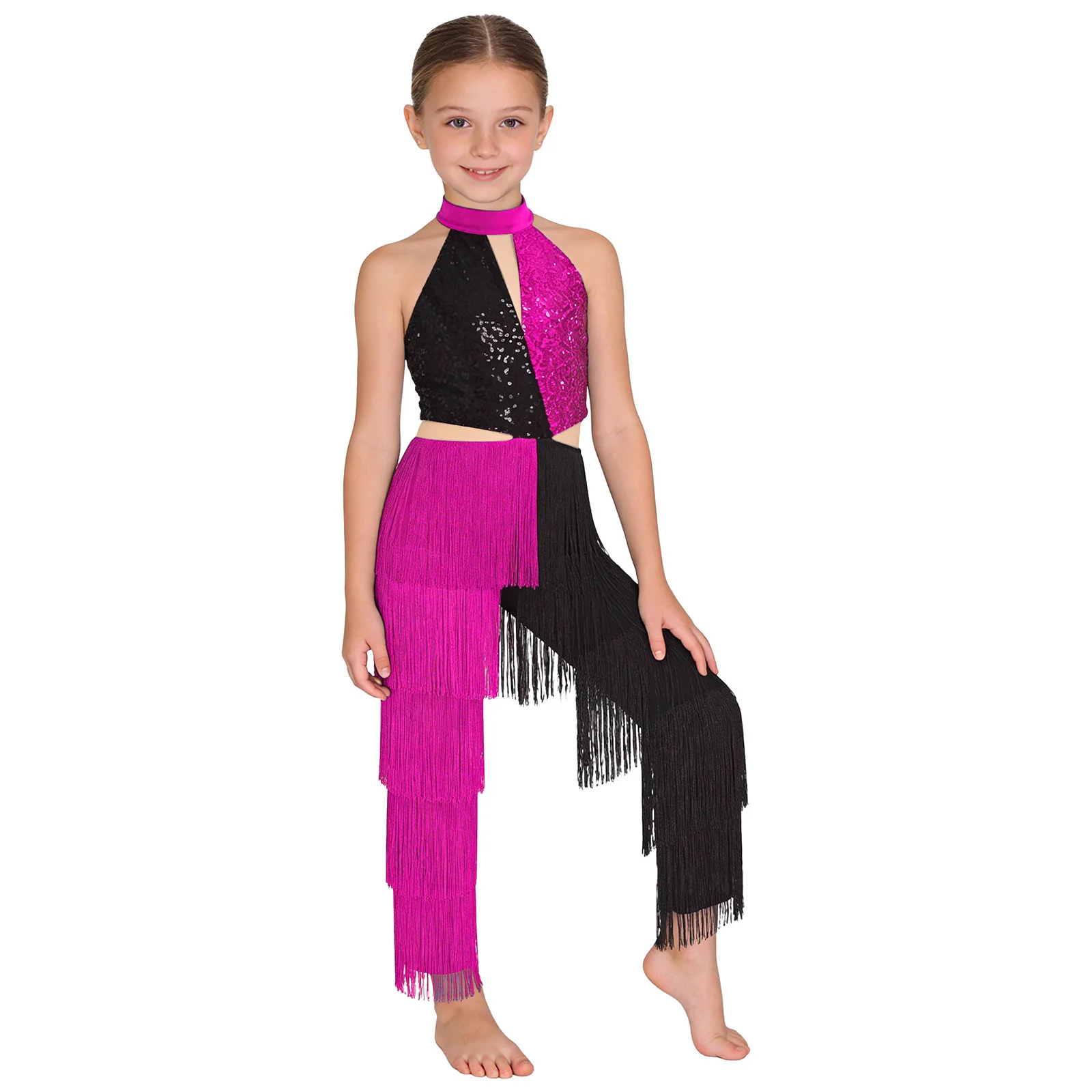 Girls Sequin Tassel Latin Dance Halter Jumpsuit Disco Costume Sleeveless Bodysuit Childs Party Romper Kids Performance Dancewear