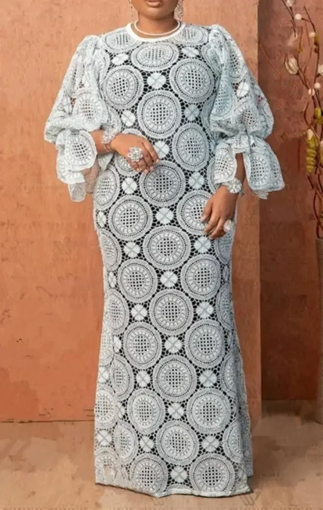 

White African Elegant Dresses for Women Elegant Hollow Out 2023 New Muslim Fashion Abayas Dashiki Robe Kaftan Long Maxi Dress
