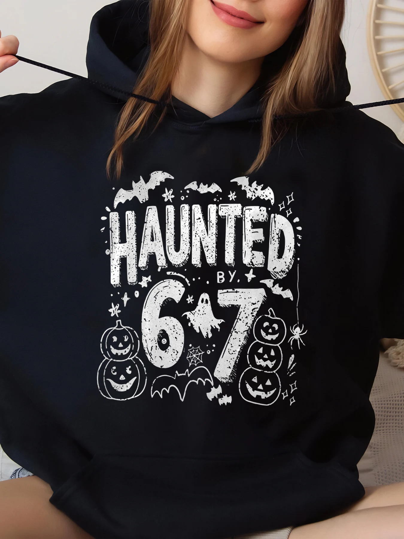 

Женская повседневная толстовка с принтом Haunted by 6-7 на Хэллоуин, черная, большого размера