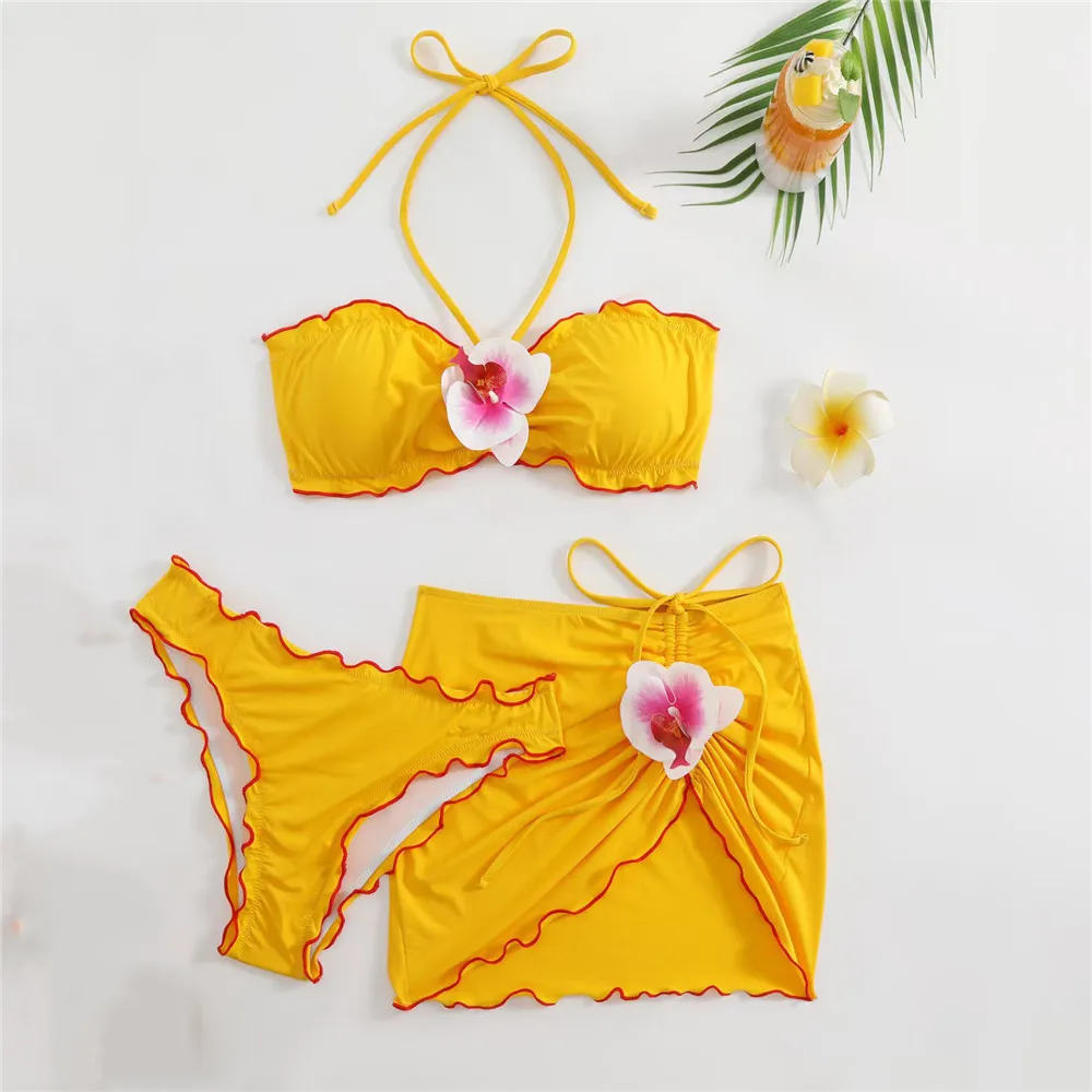 

3D Flowers Swimwear with Skirt Halter String Bandeau Bikinis Sets 3 Piece Sexy Swimsuit Women 2025 Bathing Suit Beachwear Bikini