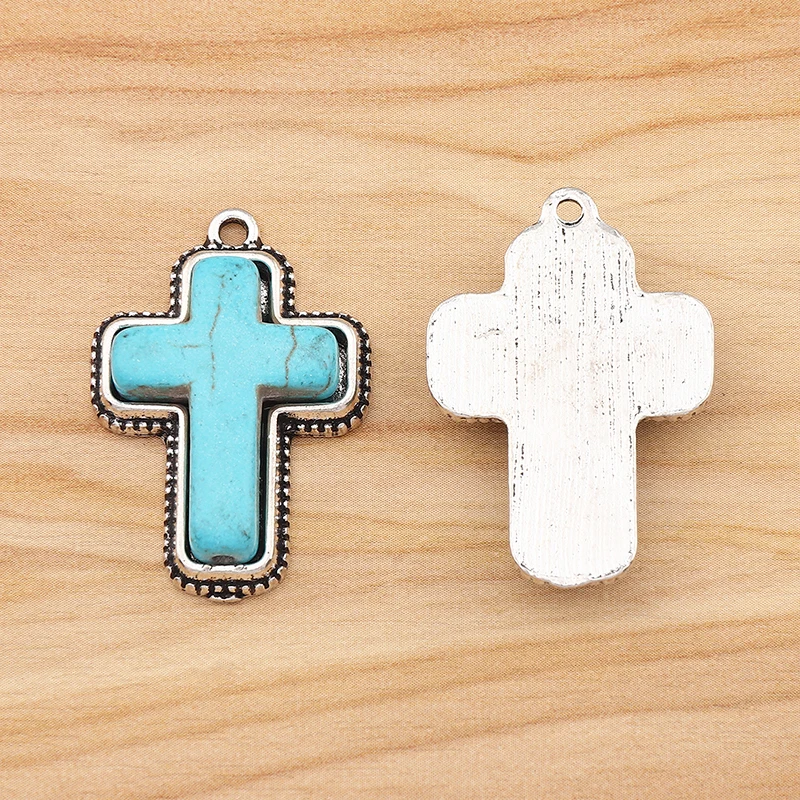 5 Pieces Tibetan Silver Turquoise Cross Crosses Crucifix Charms Pendants Beads for Necklace Jewelry Making Findings Accessories