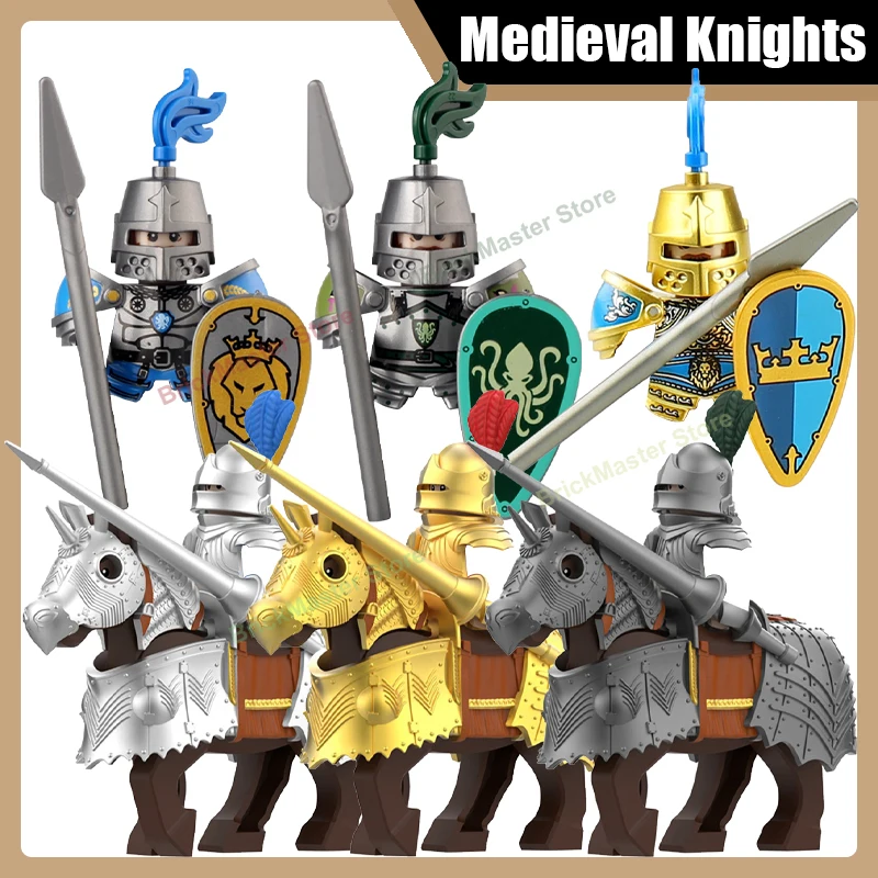 Mittelalterliche Burg Gothic Ritter Bausteine Löwe Oktopus Goldene Krone Rüstung Helm Schwert Speer Krieger Pferd Ziegel Spielzeug Geschenke