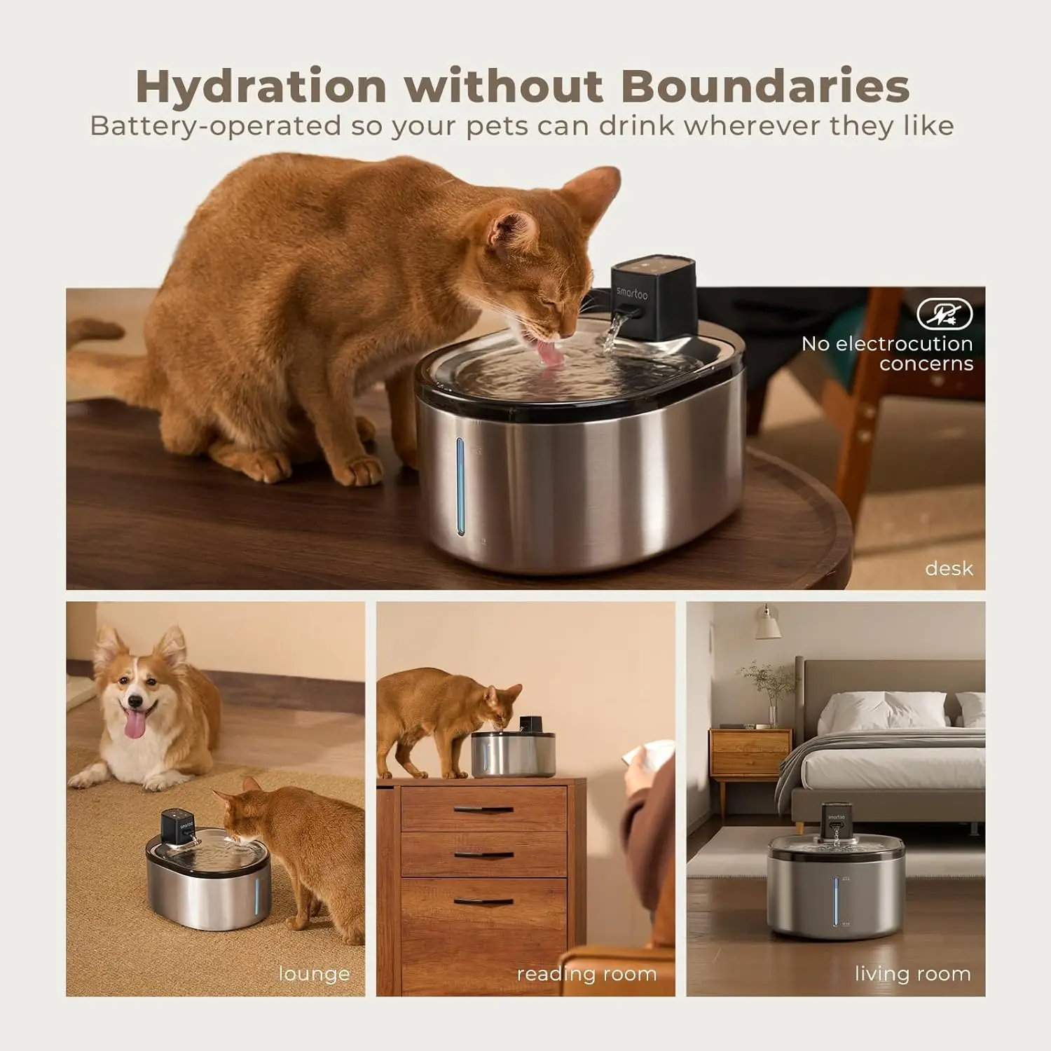 Wireless Cat Water Fountain Stainless Steel, 152oz/4.5L Cat Fountain Battery Operated, Cordless Pet Water Fountain for Cats & Do